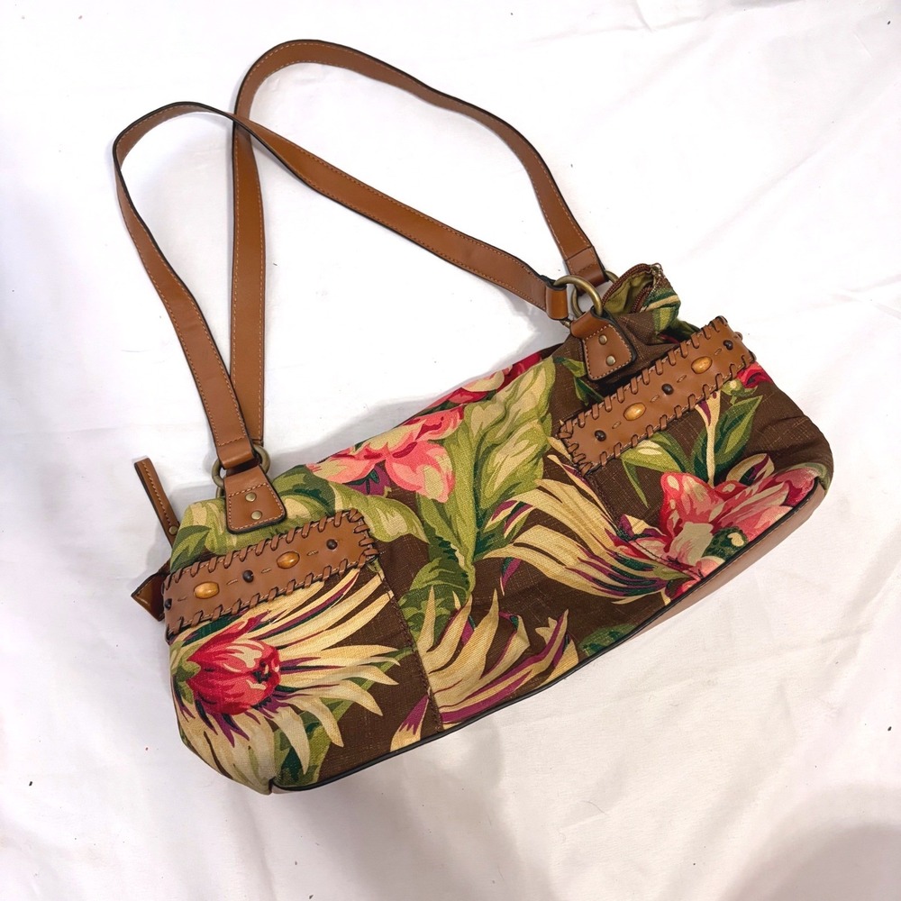 RELLO Gorgeous tropical floral print shoulder bag with beaded and leather detail